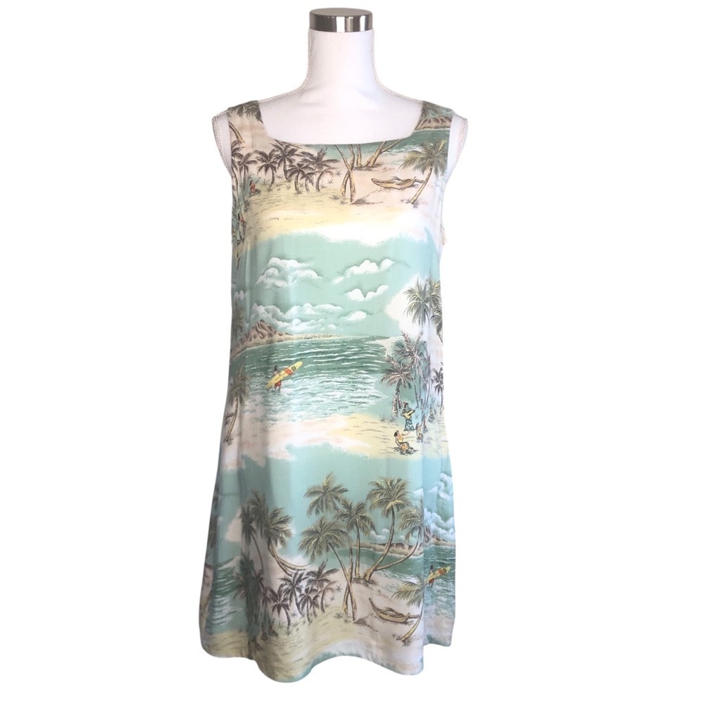 VINTAGE 90s Peppermint Bay Blue Green Hawaiian Print Rayon Shift Dress Medium